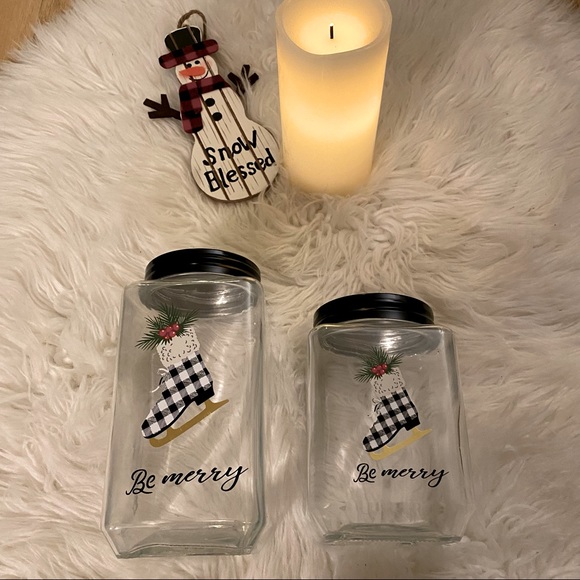 Pier 1 Other - Christmas Black & White Buffalo Plaid Be Merry Ice Skate Set of (2) Canisters.